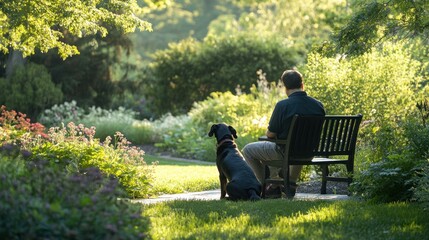 Man sits on park bench with dog, enjoying nature's beauty.