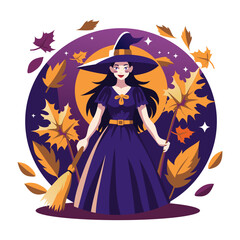 A flat illustration of autumn witch 
