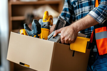 DIY home renovator unpacking a box of tools and materials, focus on hands and close-up view of modern equipment.