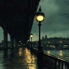 serene view of Victorian viaduct with street lamps on rainy evening, reflecting light on wet...