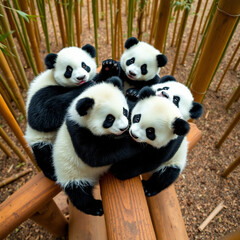 Baby Pandas Playing in Natural Bamboo Habitat