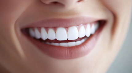 Fototapeta premium Bright smile of young woman showcasing perfect white teeth in close-up