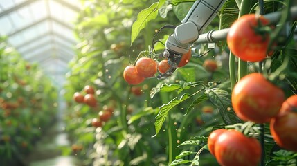 An autonomous harvesting robot picks ripe tomatoes in a greenhouse, using advanced grippers to handle the fruit delicately. Surrounded by detailed vines, green leaves, and filtered sunlight, the scene