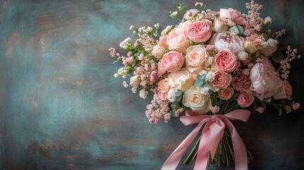Elegant bouquet of pastel roses and delicate flowers tied with a pink ribbon, placed on a rustic teal background, evoking romance, beauty, and sophistication