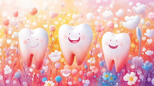 Three smiling teeth characters surrounded by colorful flowers and a dreamy pastel background, symbolizing dental health, happiness, and care in a cheerful and whimsical style