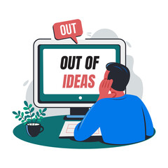 A flat illustration of thinking character looking at the screen 