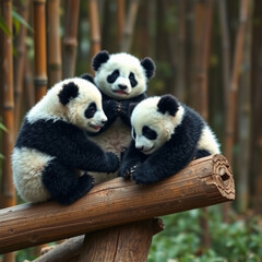 Fototapeta premium Baby Pandas Playing in Natural Bamboo Habitat