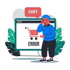 A flat illustration of a character having cart error on ecommerce website 