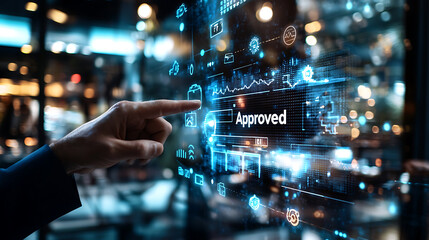 Digital interface showing Approved status with graphs and icons, symbolizing success and technology