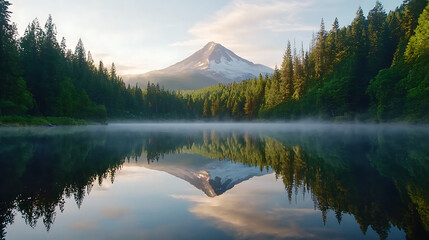serene mountain landscape with perfect reflection in calm lake, surrounded by lush green trees and mist