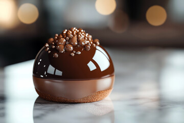 Close-up of an artisanal mocha mousse dome dessert with a shiny chocolate mirror glaze, placed on a marble slab with subtle bokeh lighting.
