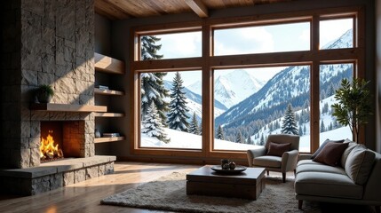 Fototapeta premium Rustic Mountain Cabin Interior Design Featuring Cozy Fireplace and Panoramic Winter Views