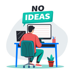 A flat illustration of a character with no ideas typography 