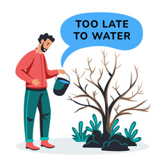 A flat illustration of a character watering a dry tree 