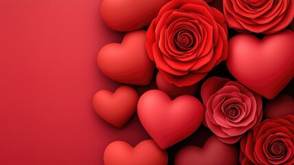 Romantic celebration with red hearts and roses indoor setting floral arrangement warm environment close-up view love concept