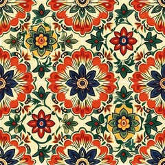 Vibrant floral tile pattern featuring colorful flowers surrounded by cheerful borders