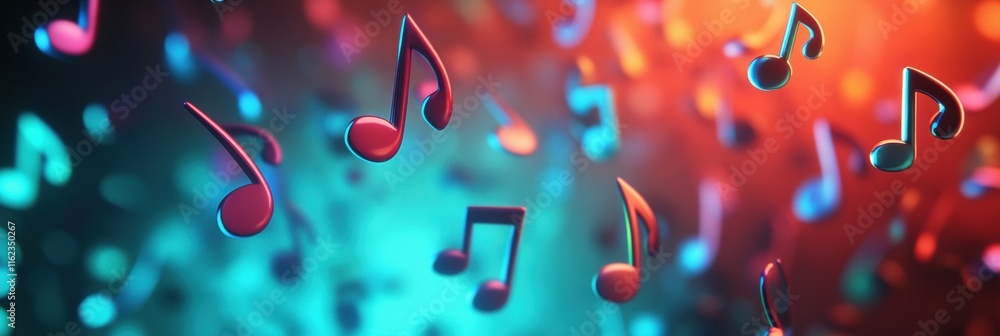 Leinwandbilder colorful 3d music notes floating in a dynamic abstract background with vibrant shades of blue and or