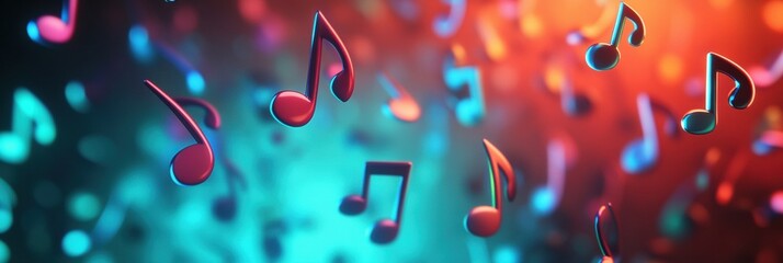 Colorful 3D music notes floating in a dynamic abstract background with vibrant shades of blue and orange. Generative AI