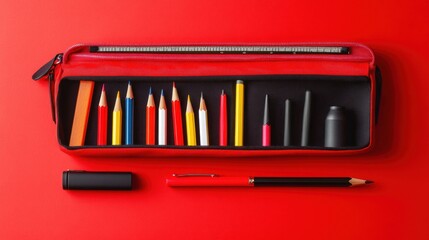 Red pencil case with colored pencils, pens, and ruler on red background.