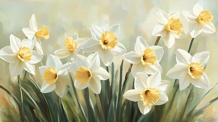 Naklejka premium Elegant white and yellow daffodils capturing the essence of spring, expertly painted with soft brush strokes for a timeless, serene floral display.