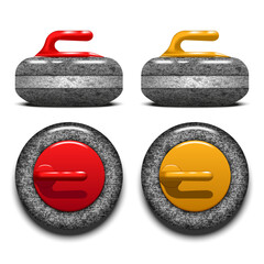 Curling stones with red and yellow handles realistic 3d vector isolated on a white background, granite texture and detailed top-down and side views. Winter sports, curling team games and competition.