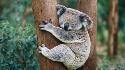 Obraz premium Sleeping koala hugging eucalyptus tree trunk.