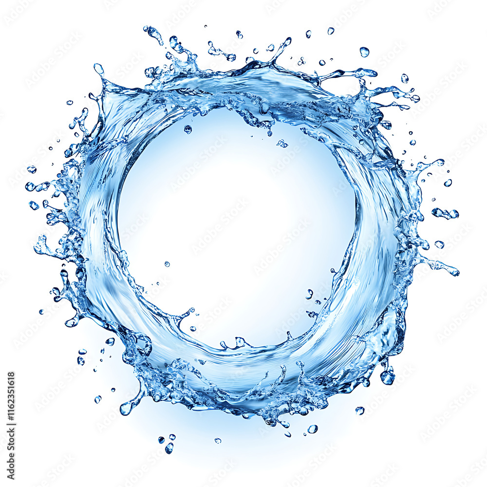 Poster water splash in shape of circle, isolated on white background, creates dynamic and refreshing visual