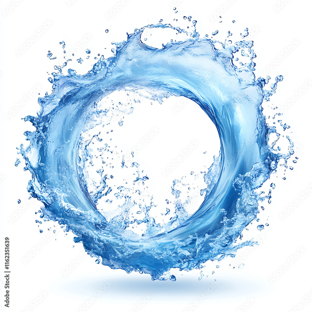 Poster water splash in circular shape, isolated on white background, creates dynamic and refreshing visual.