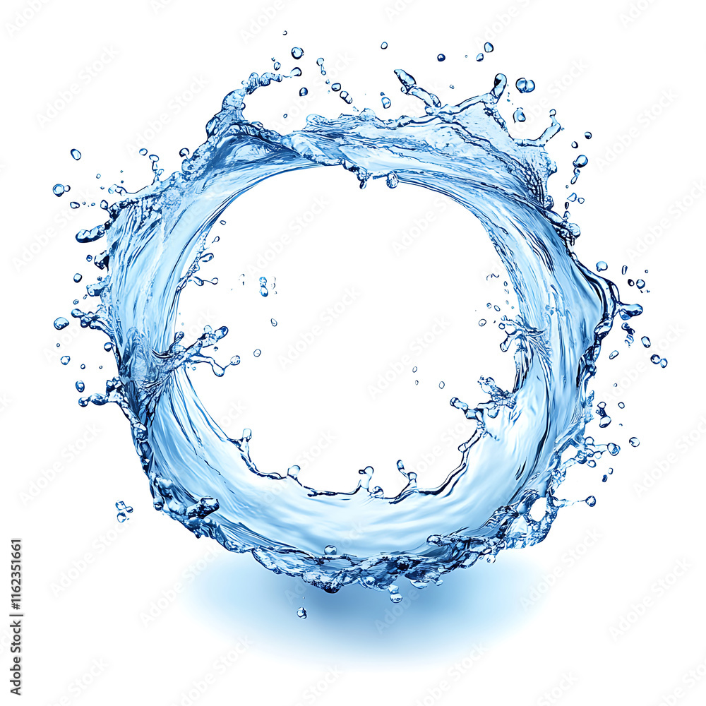 Poster water splash in circular shape, isolated on white background, creates dynamic and refreshing visual.