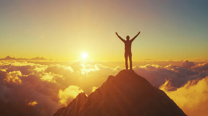 Person Silhouette Standing on Mountain Peak Against a Vibrant Sunrise Sky