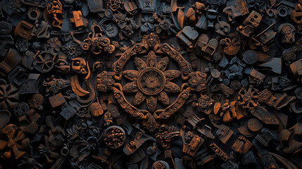 Intricate carvings create stunning abstract pattern, showcasing artistry and detail. dark tones enhance visual depth and complexity