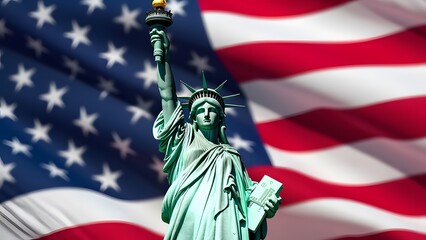 statue of liberty and flag