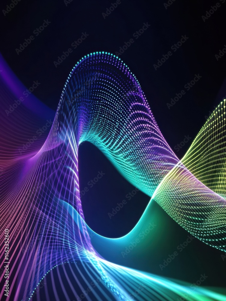 Poster Dynamic 3D abstract sound waves illustrating the essence of music and creativity in vibrant colors. Generative AI