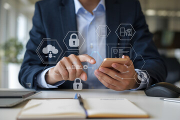 Hand touching Secure Access Service Edge icon on smartphone virtual screen background, password, network, framework and support technology in office. SASE secure access service edge concept