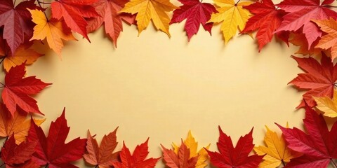 Fototapeta premium Autumnal Foliage Frame Vibrant Red and Golden Leaves Encircling a Pale Yellow Background, Perfect for Seasonal Designs and Fall-Themed Projects