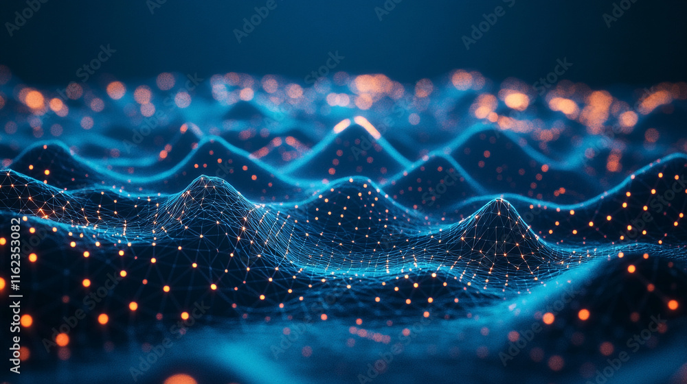 Poster digital landscape with glowing points and waves of light representing data visualization