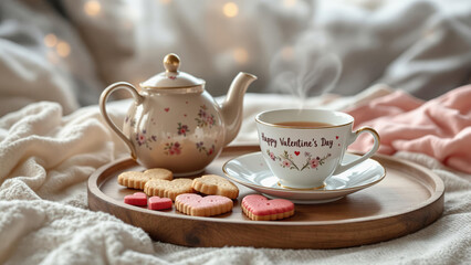 Fototapeta premium Tea Time on Cozy Tray with Teapot and Cookies for a Warm and Relaxing Break