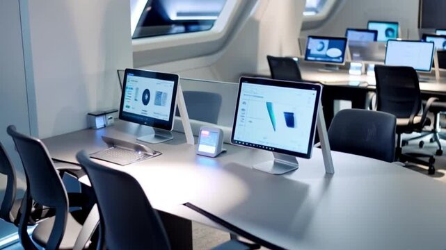 Minimalist workspace with smart devices controlling lighting, temperature, and security systems | digital assistants displaying business insights