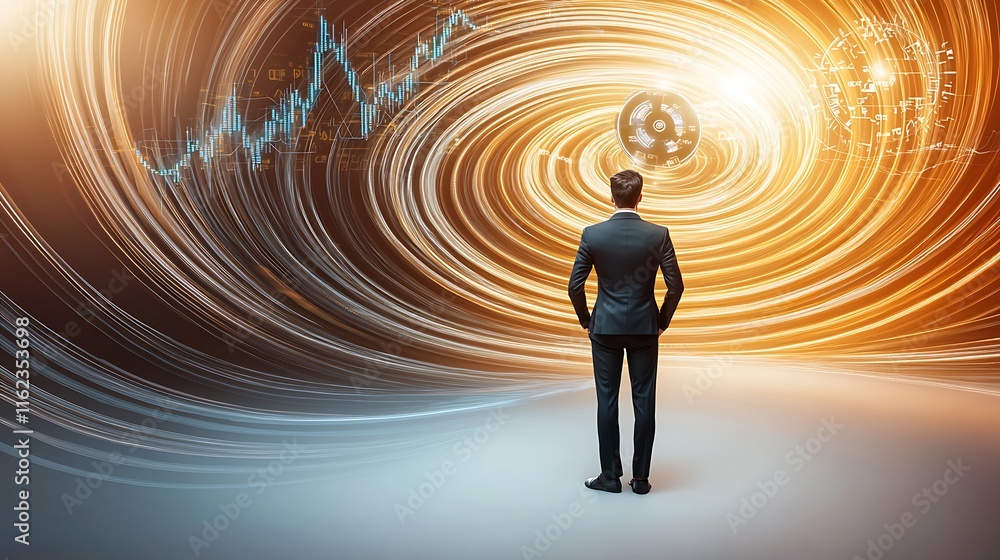 Aufkleber business professional analyzing dynamic market trends in a futuristic digital environment with spinn