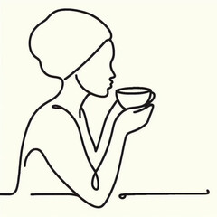 Woman Drinking Coffee Minimalist Line Art Vector