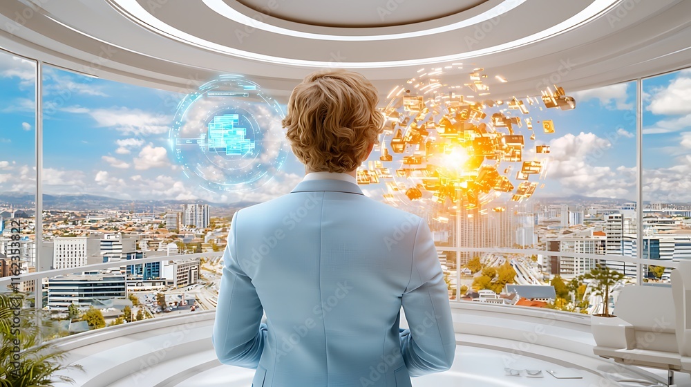 Poster futuristic office environment with businessperson viewing digital data feed and urban skyline in mod