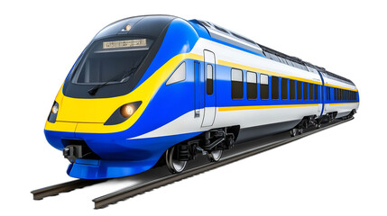 Fototapeta premium Modern Blue and Yellow Commuter Train on Railway Track