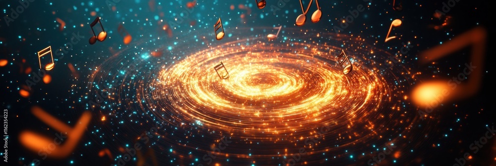 Poster 3d galaxy of stars forms a spiral resembling a sound wave with musical notes floating around. genera
