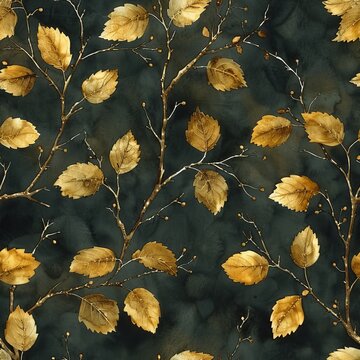 Elegant repeating botanical design featuring lush golden and green foliage elements