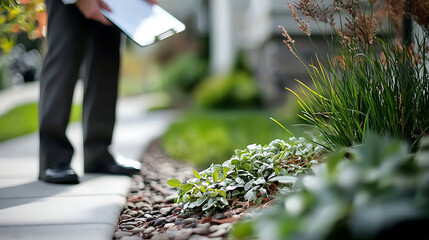 property appraiser measuring dimensions near landscaped garden