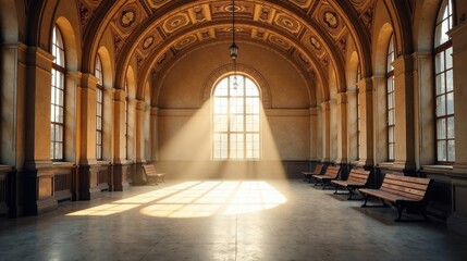Obraz premium Sunlit Hallway with Benches and Ornate Ceiling Details