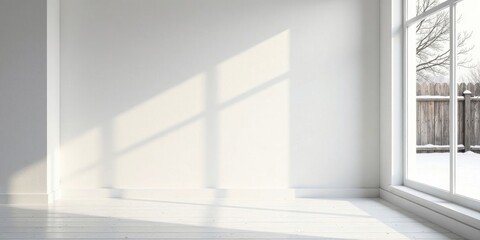 Fototapeta premium Serene Minimalist Interior Room with Winter View from a Large Window Featuring White Walls and Floor, Natural Light Casting Shadows