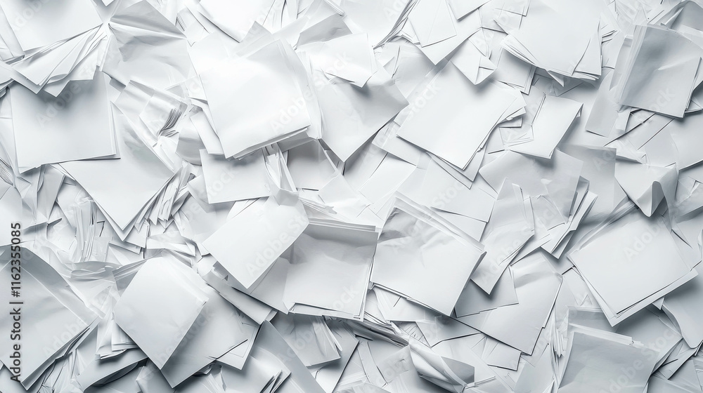 Poster overhead view of numerous scattered sheets of paper across a blank surface