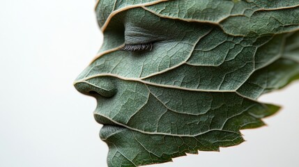 A surreal blend of human features and leaves, symbolizing nature and transformation.