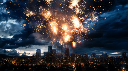 Fototapeta premium stunning firework display illuminates city skyline at night, creating vibrant atmosphere